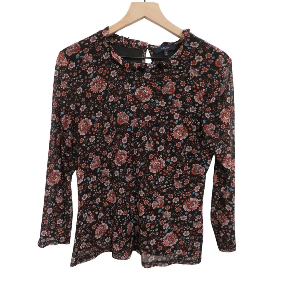 Eclair Women Sz L Black Red Orange Floral Long Sleeve Stretchy Romantic Y2K Boho